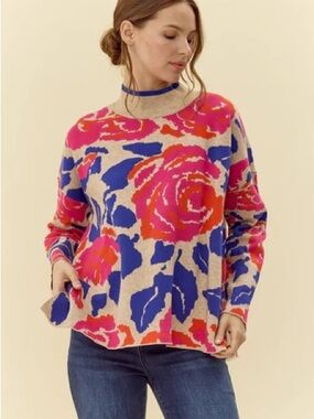 JODIFL Bloom Floral Mockneck Oversized Sweater with Pink & Blue Print size Small